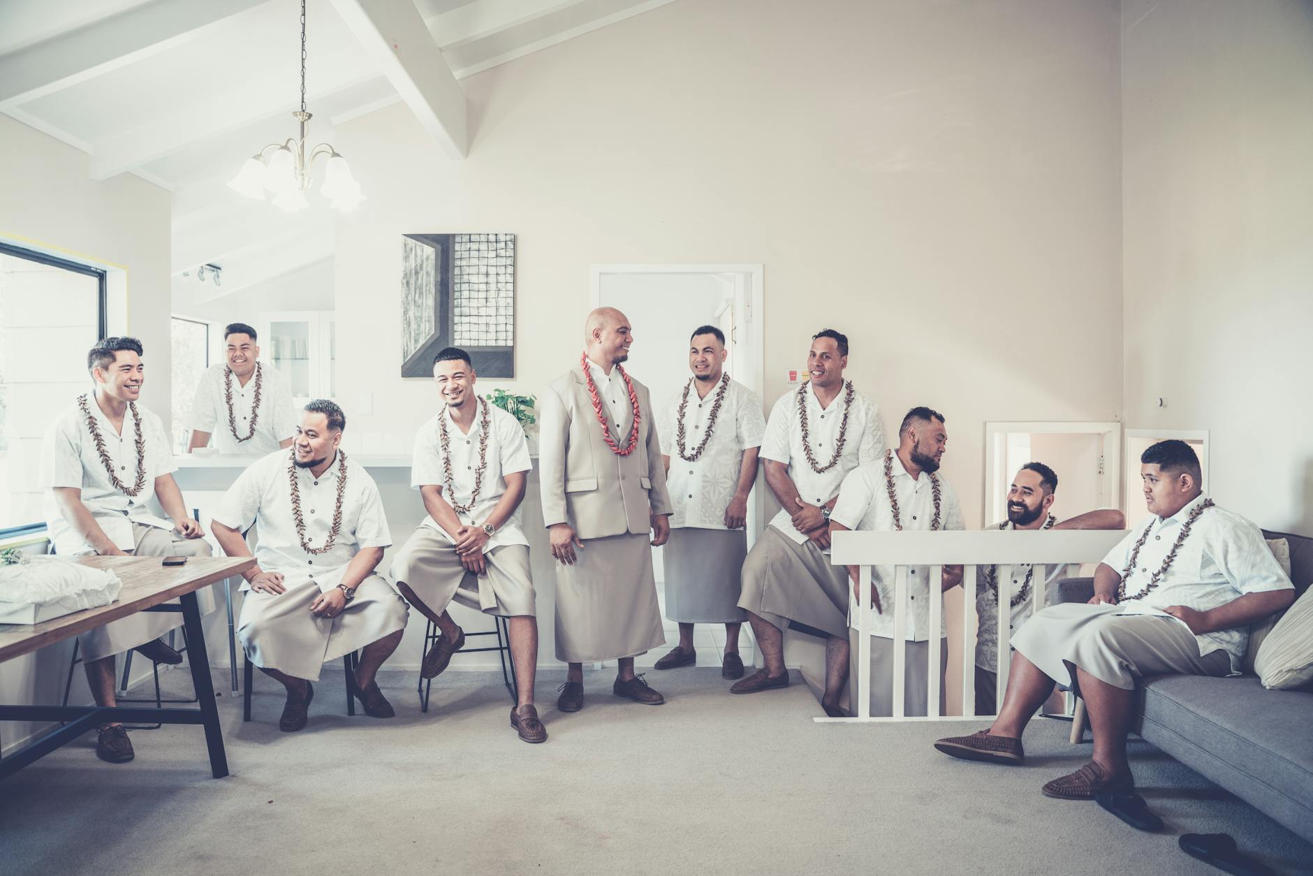 Group of ethnic men in traditional wear during wedding day