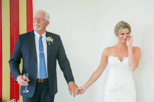 Touched bride in white dress holding hands with senior father in elegant suit and wineglass of champagne during wedding day