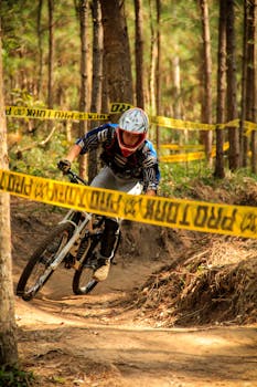 Cyclist racing downhill in forest, showcasing speed and agility in mountain biking competition.
