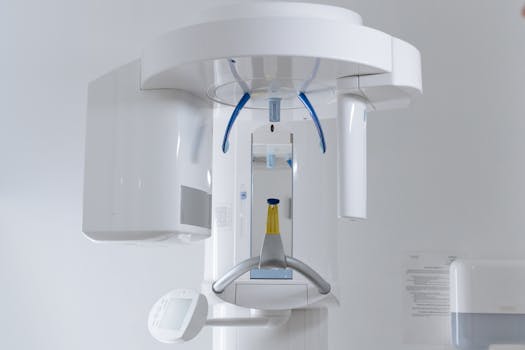 Close-up of modern dental x-ray machine in a clinic setting.