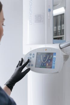 Dental technician using a modern 3D x-ray machine in a clinical setting.