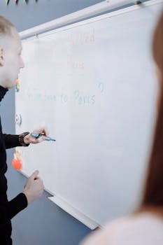 Teacher explaining English lesson using a whiteboard in a classroom setting.