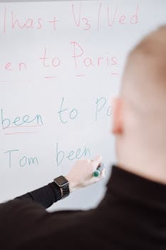 A person writing grammar instructions on a whiteboard with a marker.