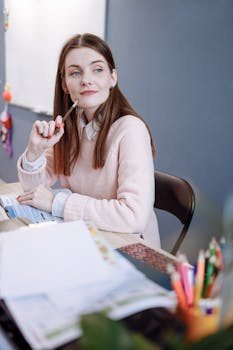A woman in a pink sweater sits thoughtfully in a classroom, holding a pencil and looking sideways.