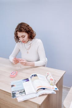 Young woman in white turtleneck sitting at desk, holding playing cards.