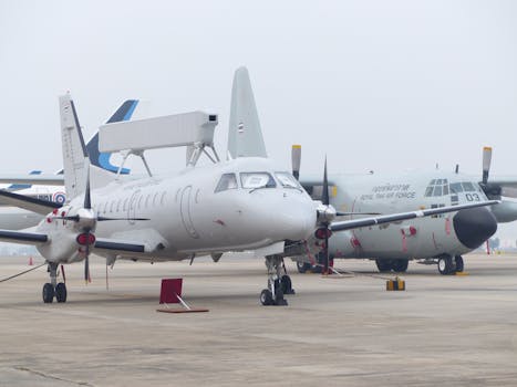 A military aircraft parked on the runway at an airport, highlighting the aviation theme.