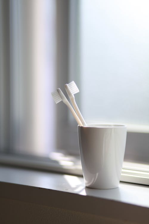 Free Two White Toothbrush Inside the White Ceramic Cup Stock Photo