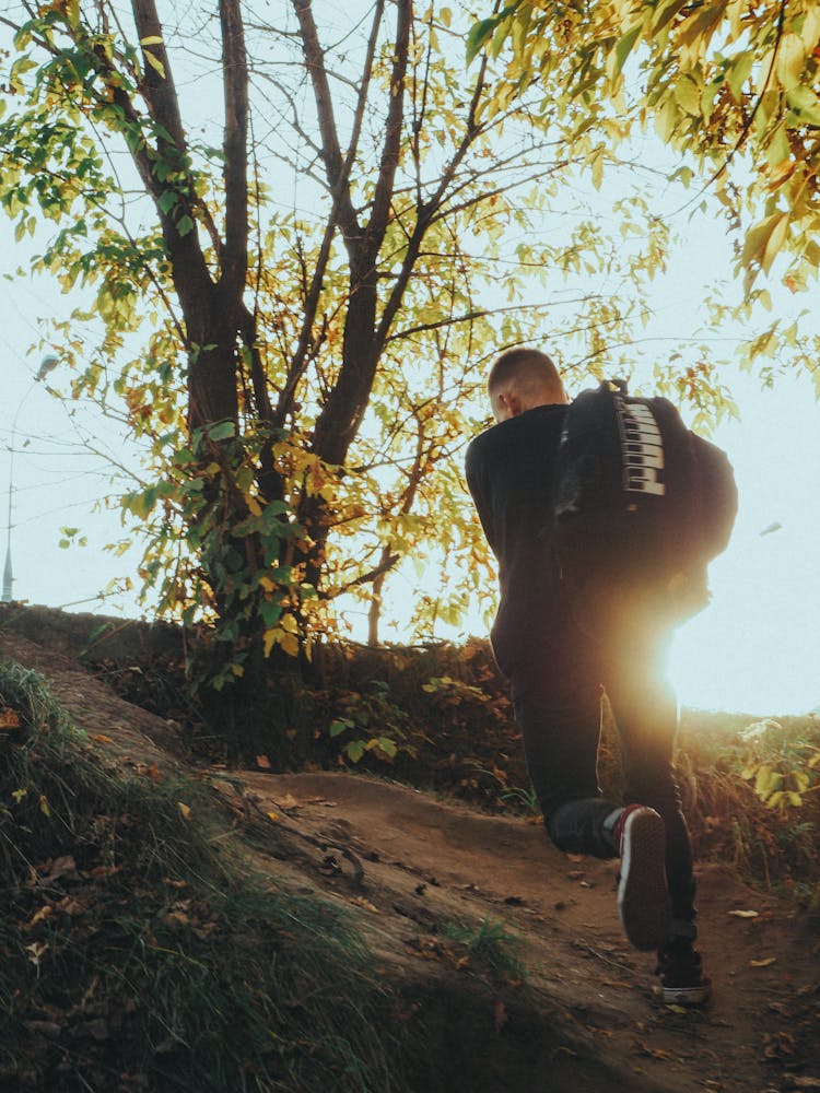 Back View Of A Man Walking Uphill