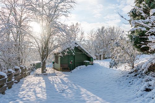 Free A charming cabin nestled among snow-covered trees under a bright winter sun. Stock Photo