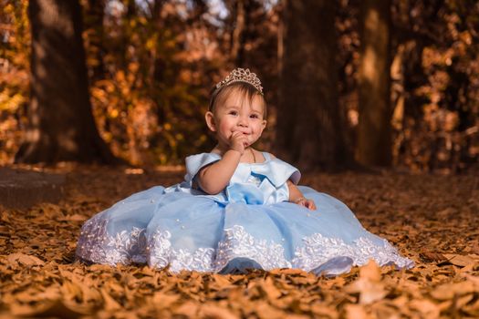Delightful toddler in a blue dress enjoying a fall day outdoors with vibrant foliage.
