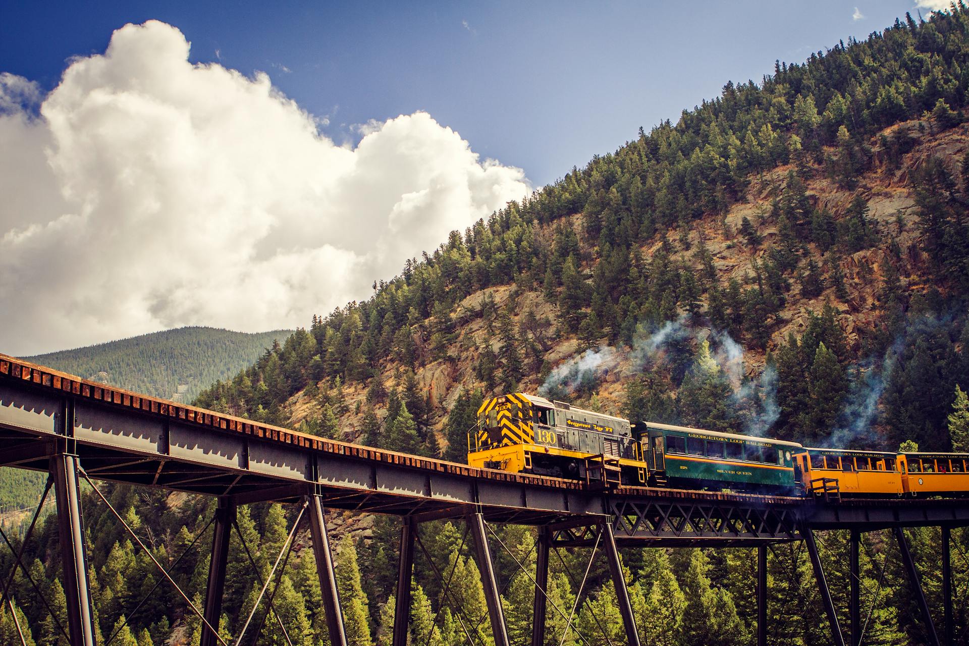 Explore the breathtaking views of Georgetown, Colorado with a train journey through stunning mountainous landscapes.