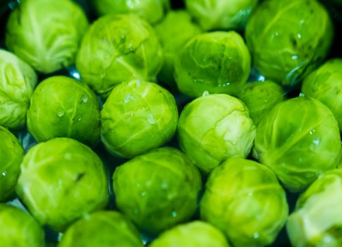A close-up view of fresh green Brussels sprouts, showcasing their vibrant color and texture.