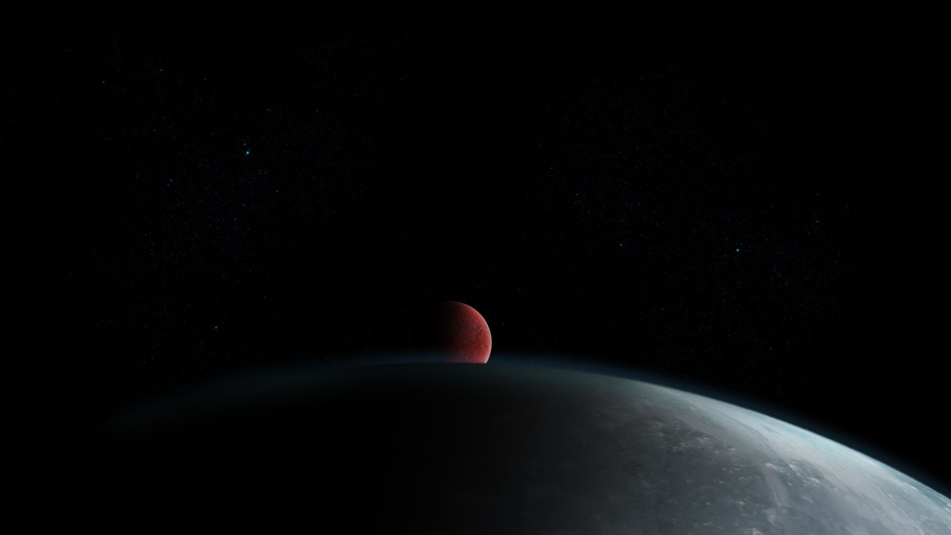 A striking image of a red moon rising above a planet, set against a star-filled cosmos.