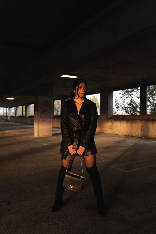 black leather dress with boots Black leather dress with combat boots