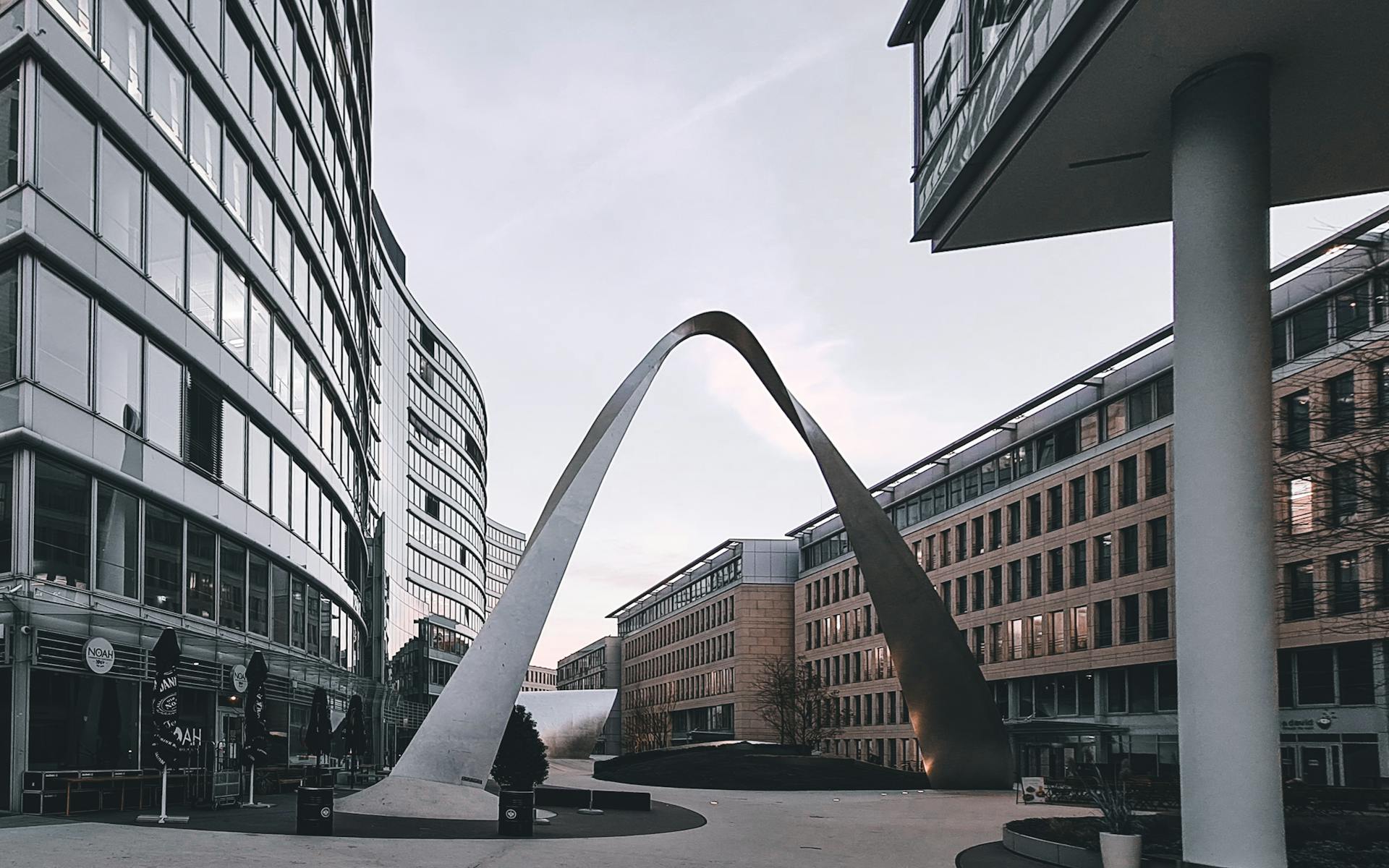 Capturing striking modern architecture in Frankfurt's urban landscape at twilight.