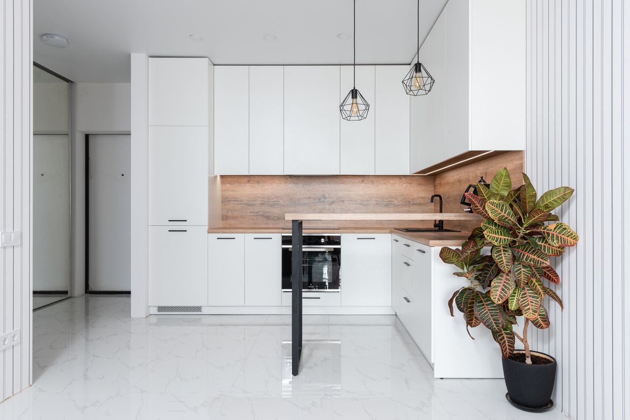 Small modern white kitchen with wood countertop, pendant lights, and a potted plant