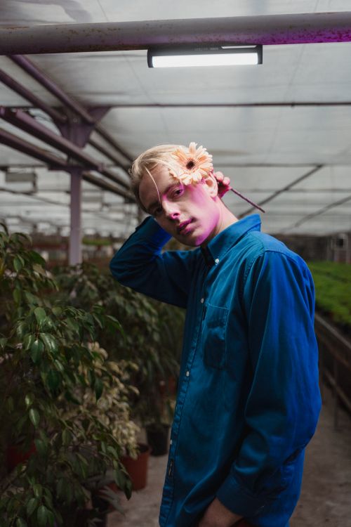 Free A stylish man poses with a flower in a vibrant greenhouse setting. Stock Photo