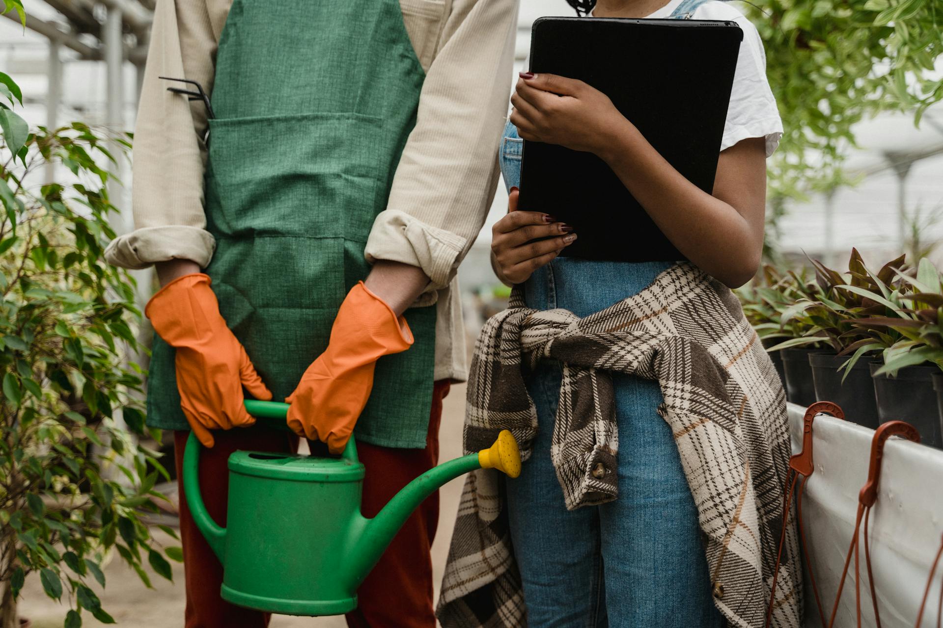 Two people in a greenhouse with gardening tools and plants, wearing gloves and aprons.