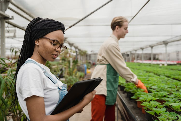 Man Holding The Plants While The Woman Is Looking At The IPad