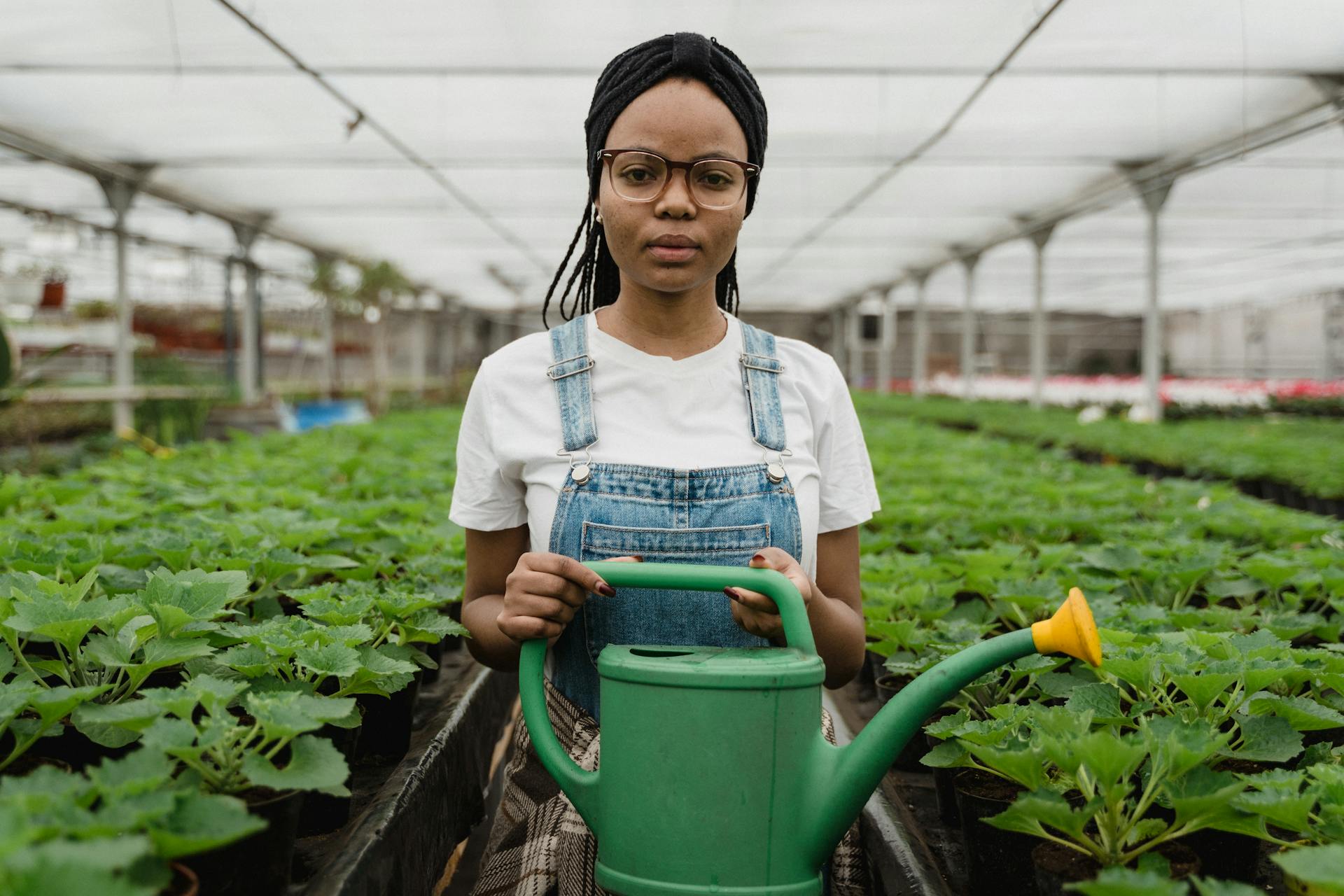 Woman in denim overalls watering plants in a greenhouse, showcasing sustainable gardening.