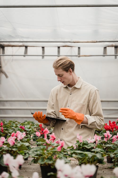 Man Checking on Plants