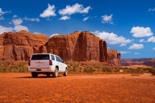 White Suv Parked Near Brown Rock Formation Under Blue Sky