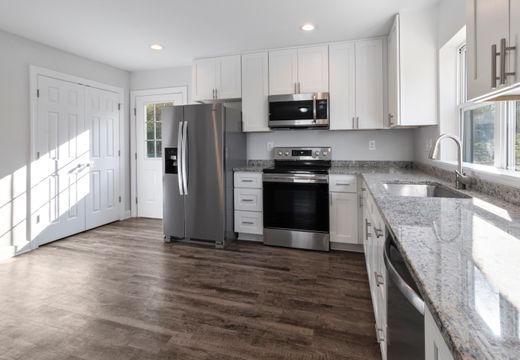 Bright kitchen with white cabinets and wood floors