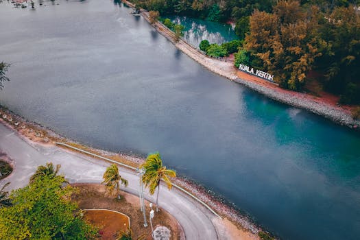 Aerial view of wide river flowing near narrow asphalt road and lush green trees