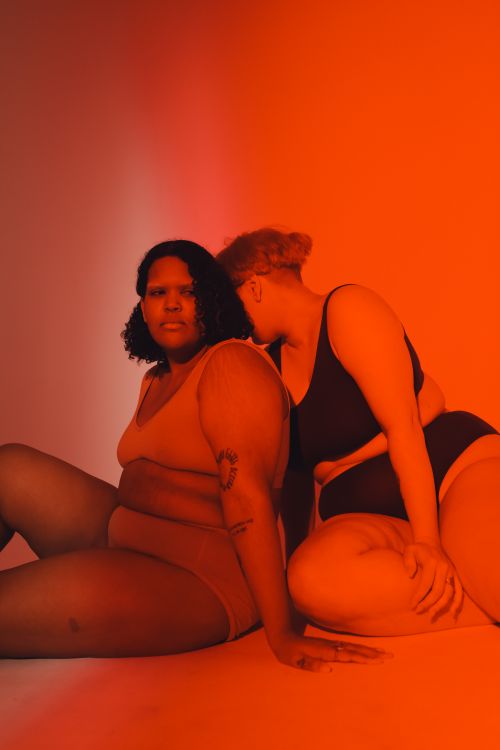 Free Empowering image showcasing body positivity with diverse models in studio. Stock Photo