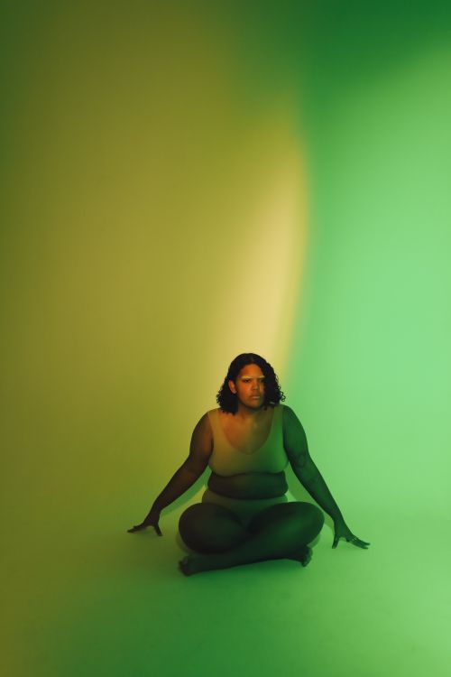 Free Studio portrait of a plus-size woman embracing body positivity under creative colored lights. Stock Photo
