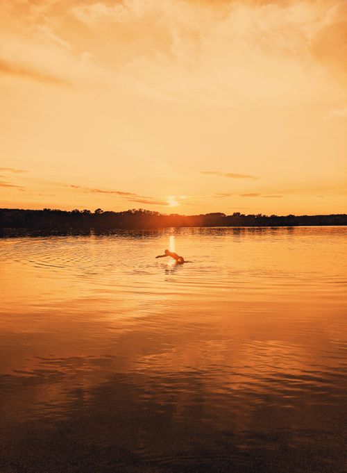 Free Silhouette of person floating in rippling water of river surrounded by trees lightened by bright sunlight at sundown Stock Photo