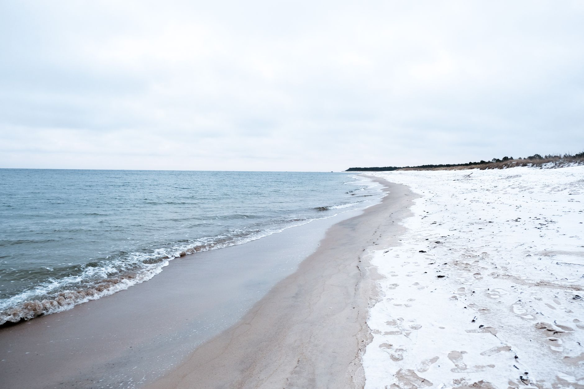 A tranquil snowy beach in Estonia, showcasing a serene coastal winter landscape.