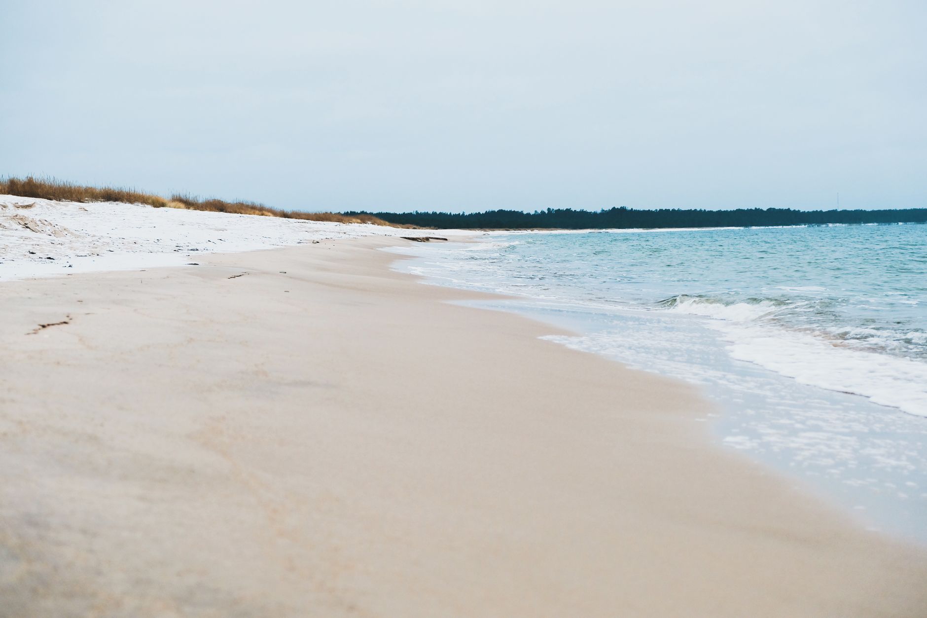 A serene winter beach in Estonia with soft sand and gentle waves.
