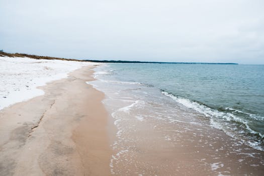 A tranquil winter beach scene with gentle waves lapping at the sandy shoreline.