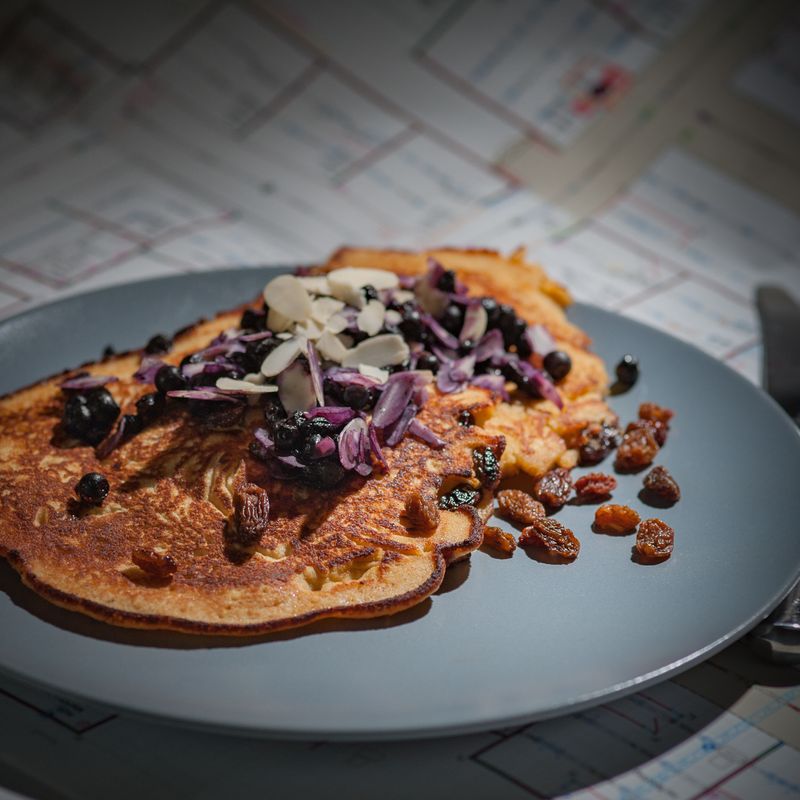 Ricotta Pancake Sheet Cake with Stewed Cherries and Almonds