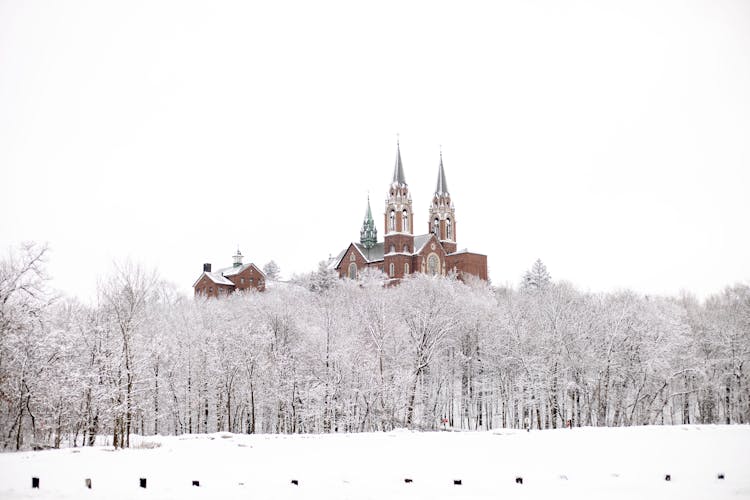 Church Towers Peeking From The Top Of Tree Crowns Covered In Snow 