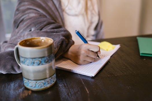 A person comfortably writing in a notebook while enjoying a cup of coffee indoors.