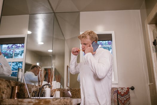A man multitasks by brushing teeth and talking on the phone in the bathroom.