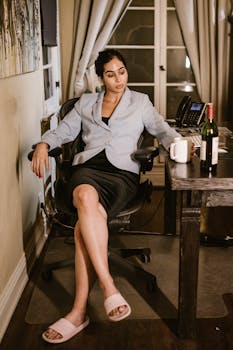 A woman in a blazer and slippers sitting at a desk, embodying work-from-home style.