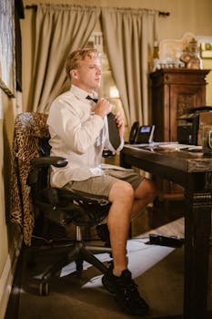 Man in white shirt and shorts adjusting necktie in a home office environment.