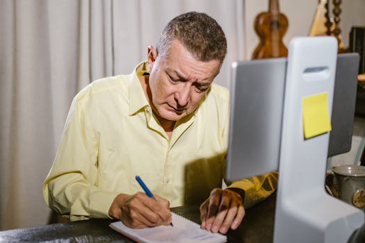 Elderly man focused on writing at home, sitting at a desk with a digital tablet.