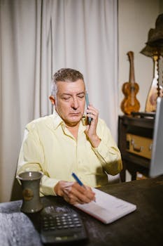 Adult man on a phone call while writing notes at desk. Indoor home office setting.