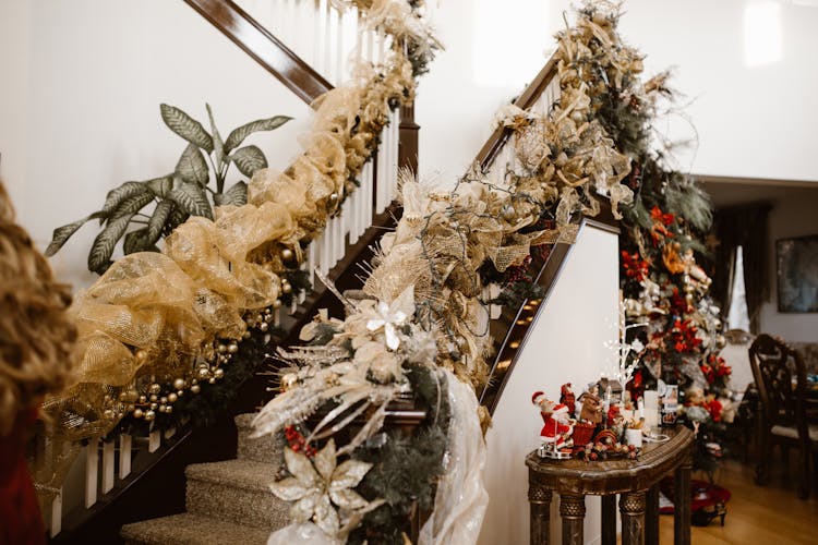 A Stairway With Christmas Decorations