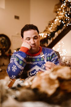 A man in a Christmas sweater appears thoughtful at a holiday dinner table.