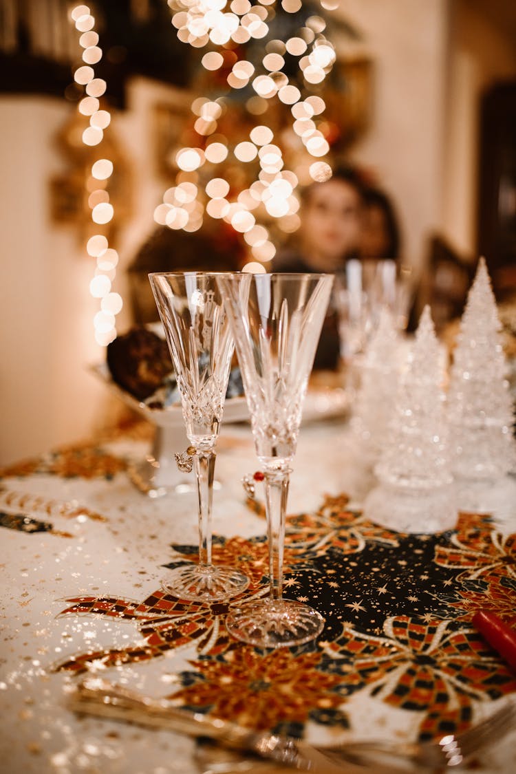 Crystal Champagne Flutes On The Christmas Eve Table