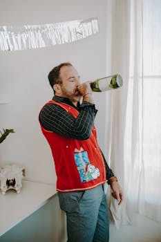 A man in a red festive sweater drinks from a wine bottle indoors.