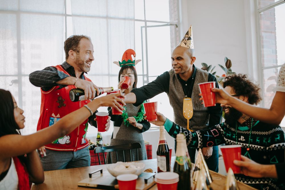 Friends celebrating at a Christmas holiday party