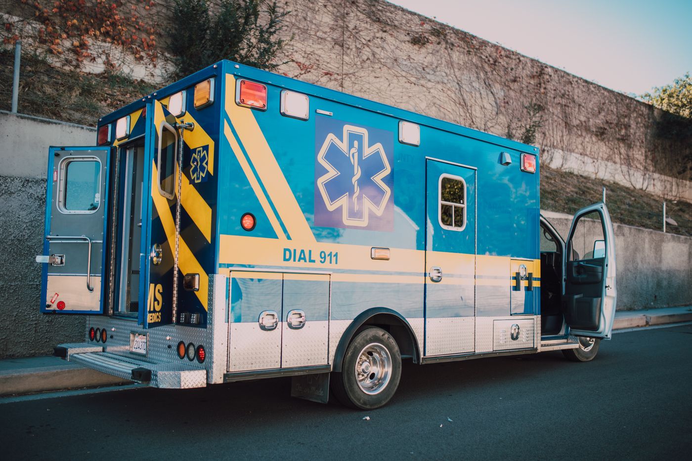 Emergency ambulance parked on a roadway