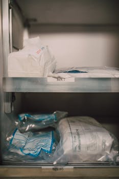 Medical supplies neatly organized in labeled storage bins in a healthcare setting.