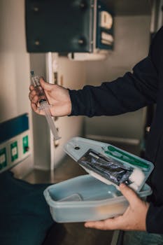 Person handling medical supplies in a professional setting, readying a syringe.